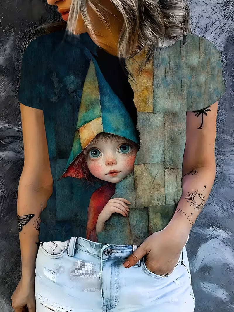 Childhood Innocence, Peace Meaning Print, Women's Round Neck Short Sleeved T-shirt