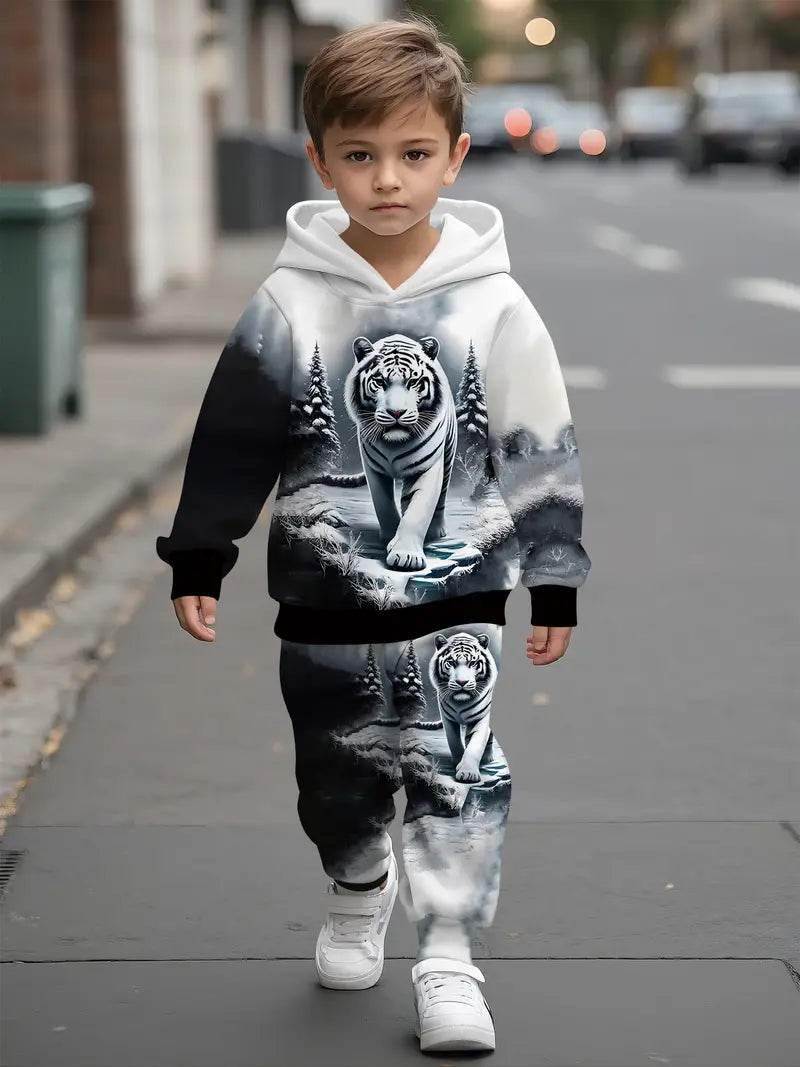 Baby Boys & Girls Hoodie Set White Tiger Print