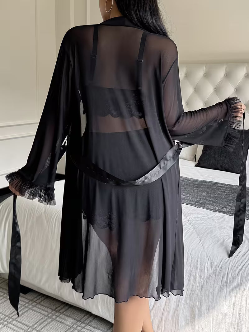Sexy Lace Camisole Nightgown with Lace Trim, Floral Lace Long-Sleeve Mesh 3pcs Set with Suspender Shorts Black