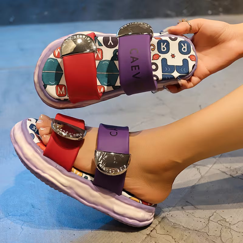Women's Casual Fashion Letter Print Sandals, Women Shoes Pink mix