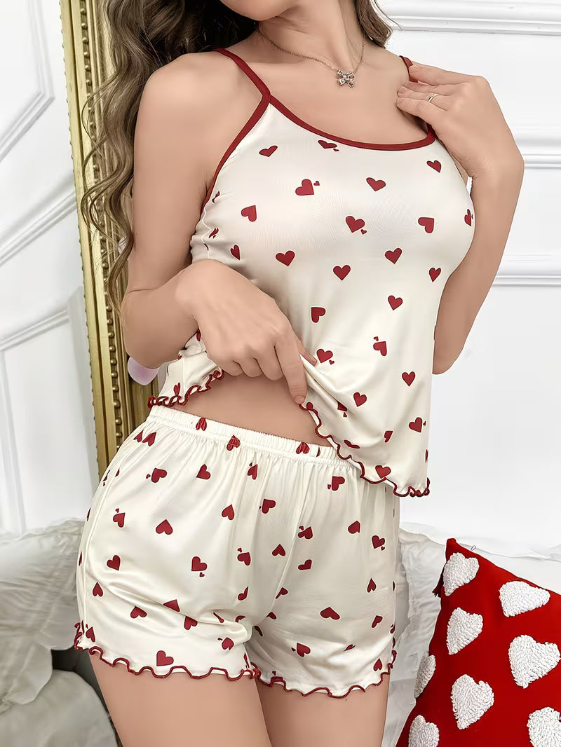 Elegant Heart Print Spaghetti Strap & Roll-Up Hem Pajama Set
