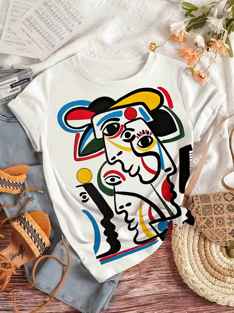Women's Abstract Art Print T-Shirt – Stylish Round Neck, Short Sleeve