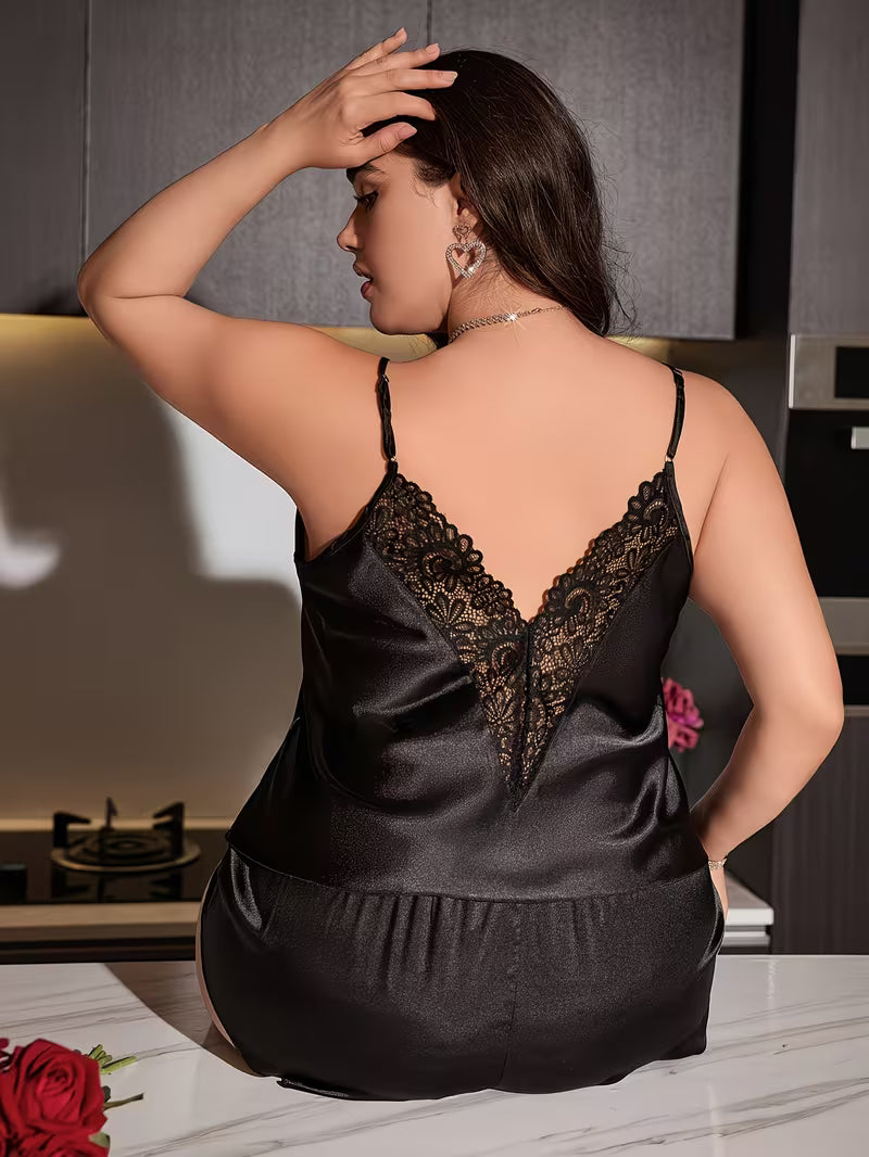 2pcs Satin Camisole Pajama Sets | V-neck, Sleeveless, Contrast Lace