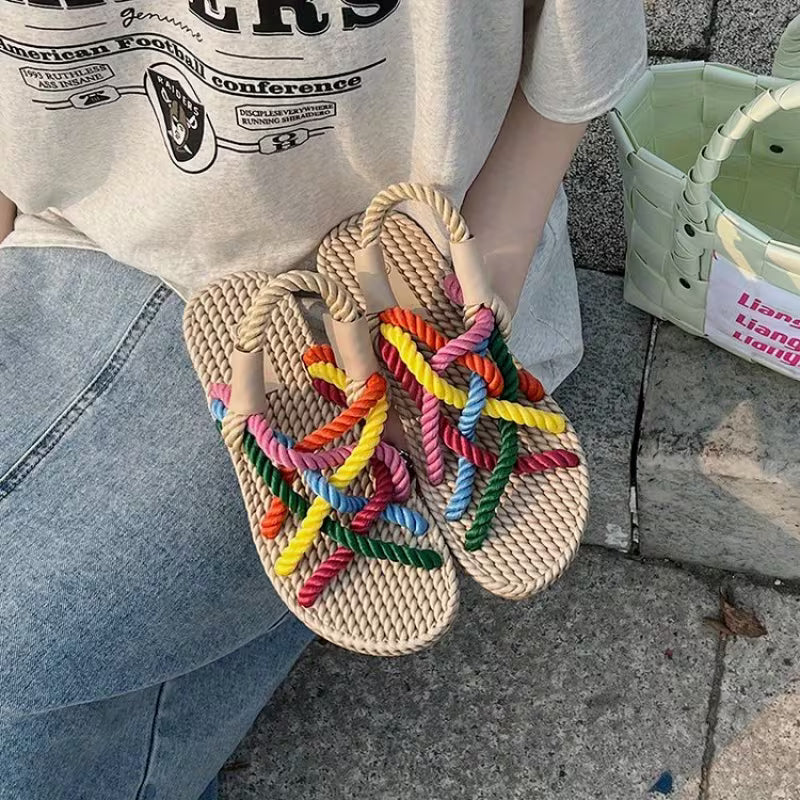 Sandals for Women Lightweight Fabric with Colorful Rope Design, Flat Heel, Cross Strap Colorful