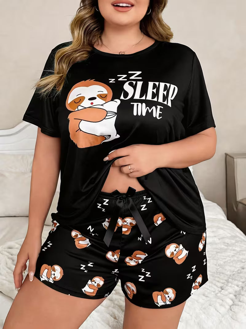 Pajama Set Black Sloth Shorts Short Sleeve Top Home wear  Spring And Summer