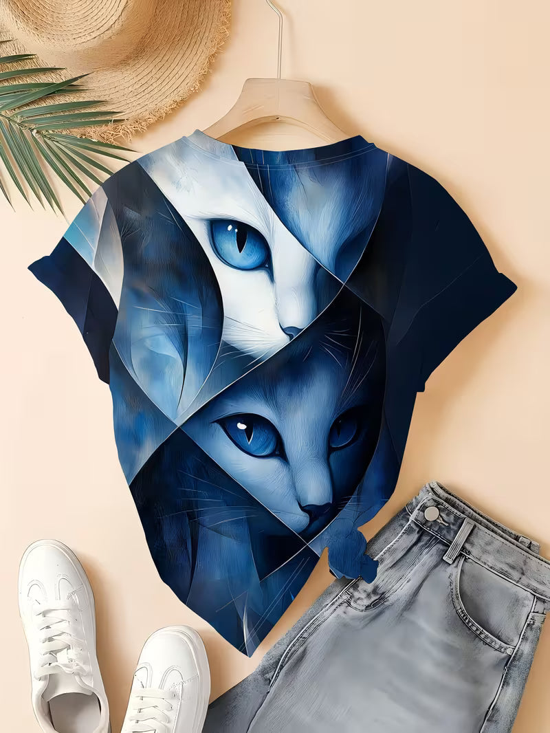 Women's Gradient Blue Cat T-Shirt - Kitten Illustration Cold Elegant Style Opaque Top