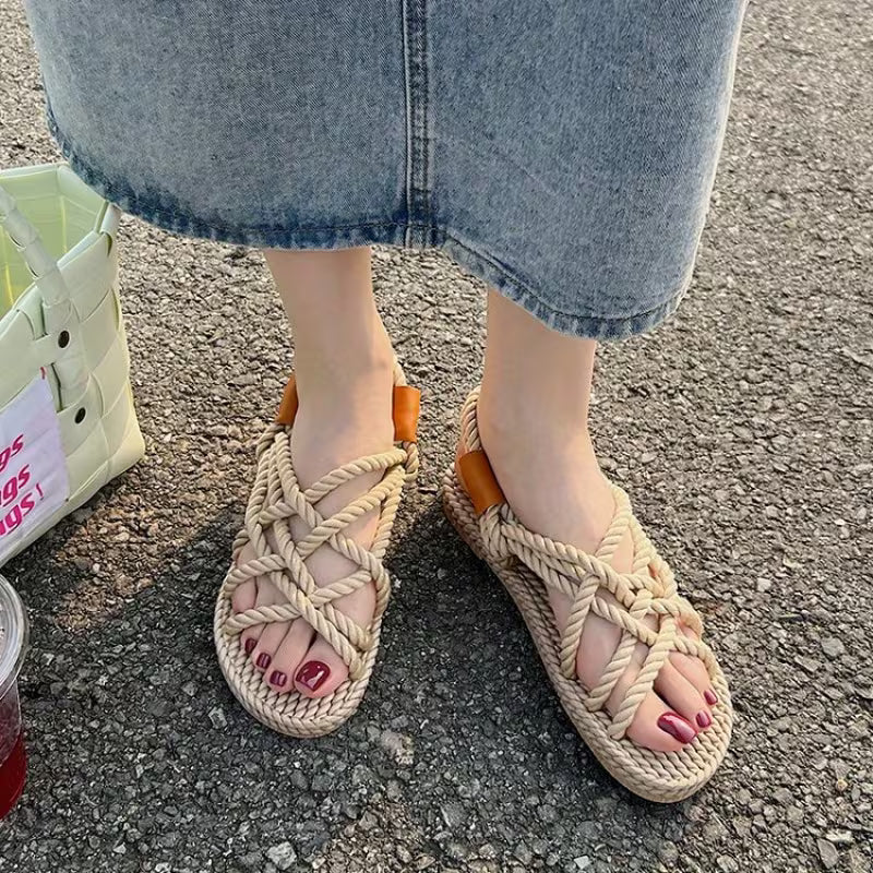 Sandals for Women Lightweight Fabric with Colorful Rope Design, Flat Heel, Cross Strap Colorful