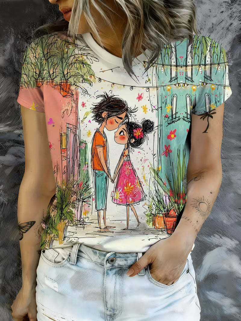 A Casual Round-neck Short-sleeve T-shirt Featuring a Vibrant Valentine's Day Doodle-style Alley Scene