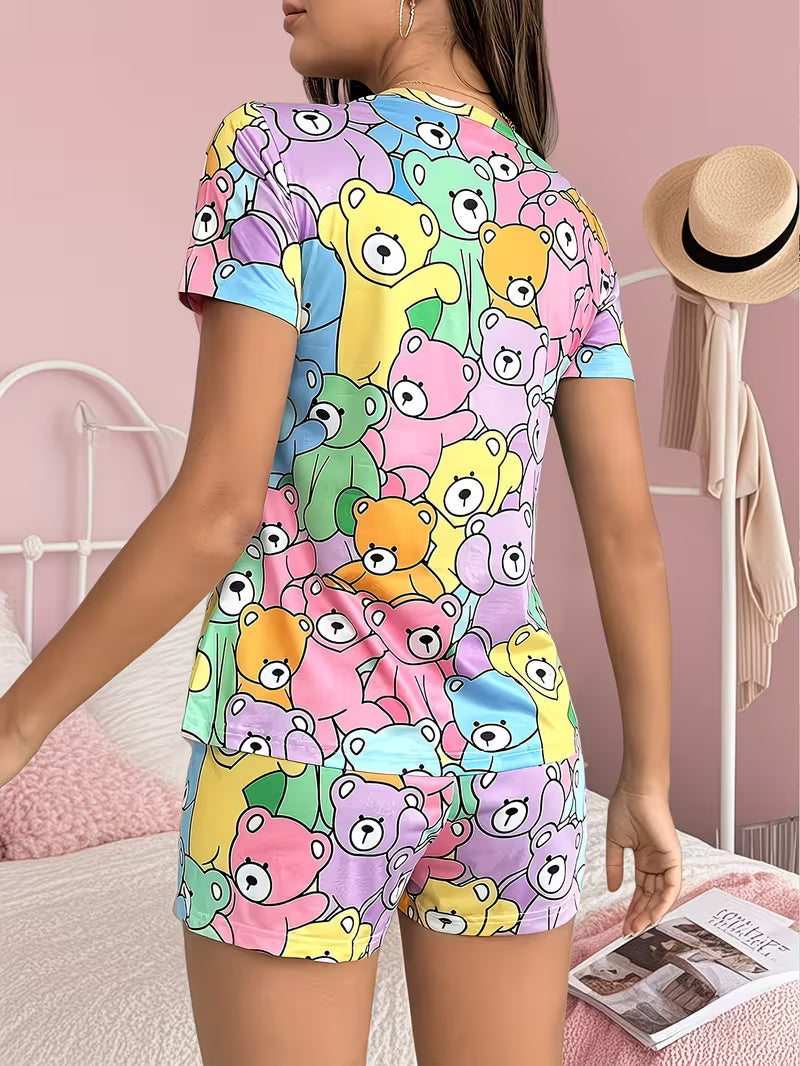 Ladies' Colorful Panda Print, Round Neck Short Sleeve Top And Stretchy Pants, Suitable for Pajamas And Loungewear