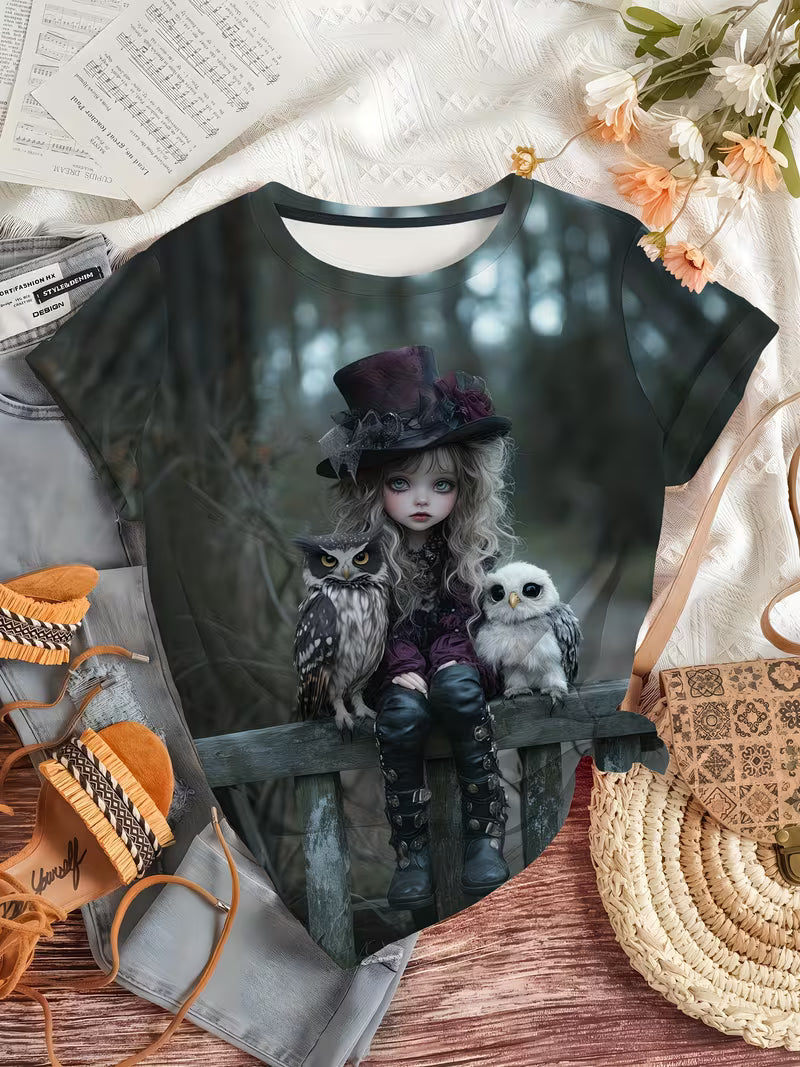 A Stylish T-Shirt for Women Featuring a Forest-Themed Design with a And an Owl Pattern