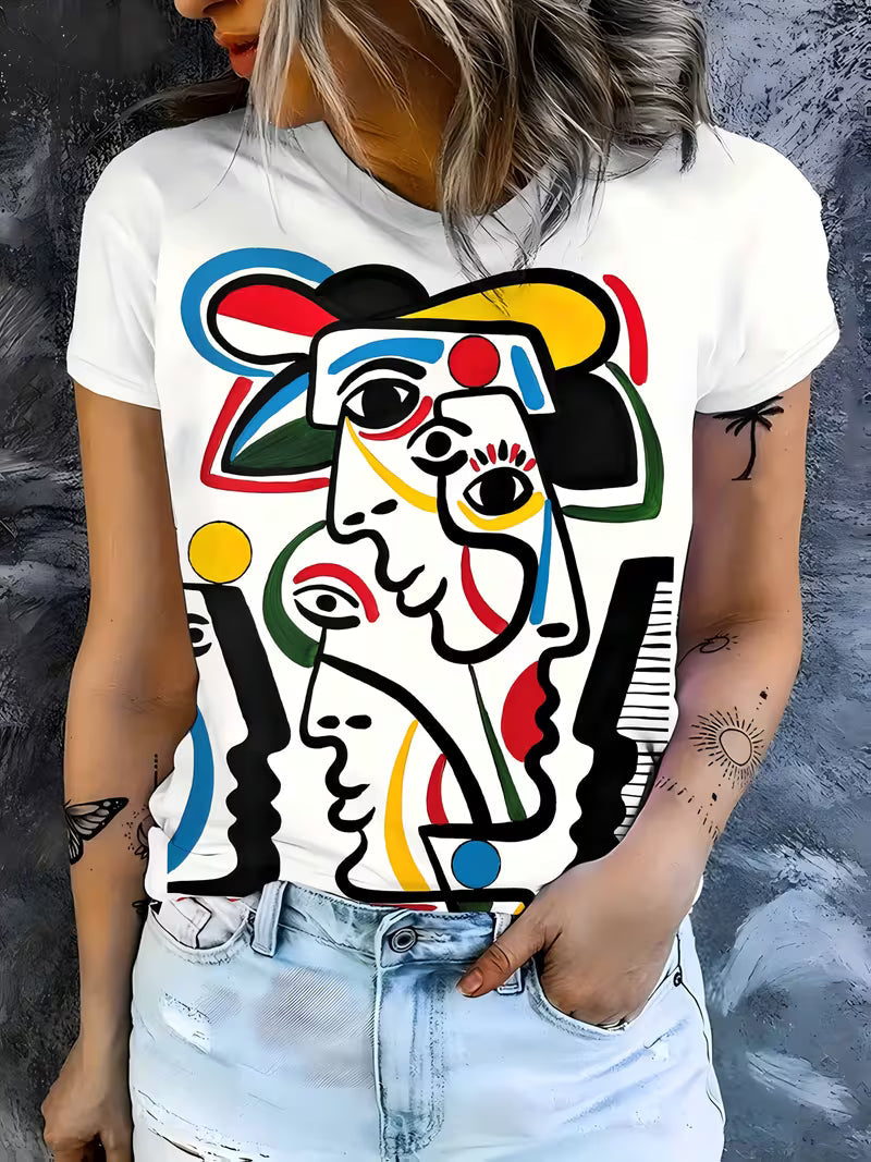 Women's Abstract Art Print T-Shirt – Stylish Round Neck, Short Sleeve