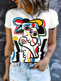 Women's Abstract Art Print T-Shirt – Stylish Round Neck, Short Sleeve