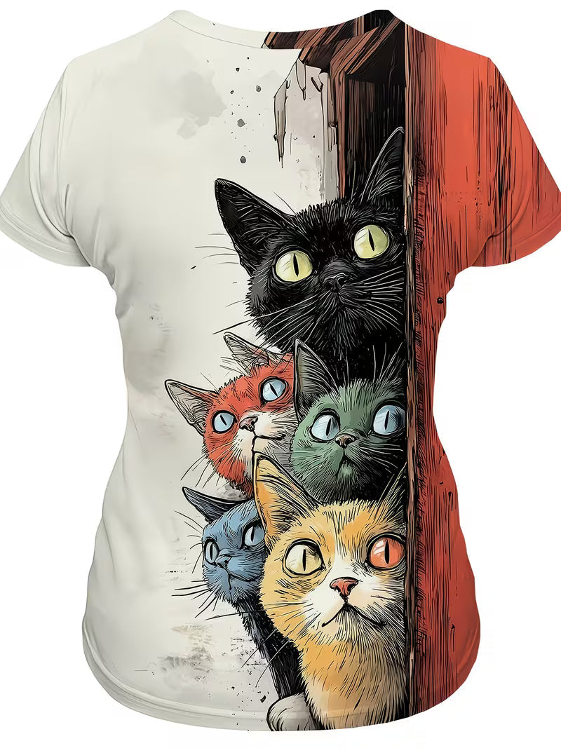 Color-Blocked Patchwork T-Shirt Featuring a Multi-Colored Cute Cat Print for Women