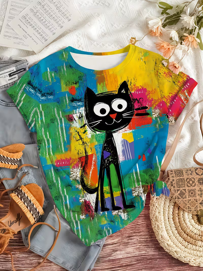 Women's Colorful Graffiti Black Cat Print T-Shirt - Vibrant Artistic Design, Soft Round Neck Casual Top