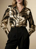 A Stylish Solid Color Satin Shirt Lapel Collar Gold