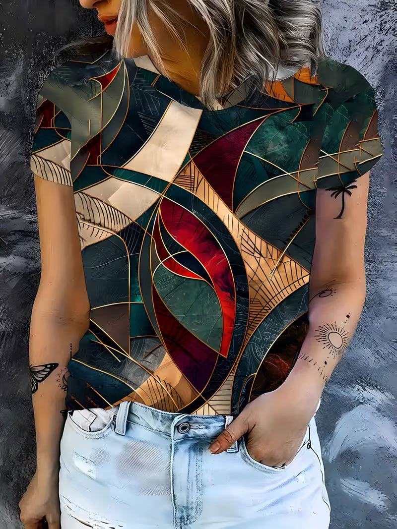 Women'S Stylish Casual T-Shirt Featuring Vibrant All-Over Geometric Patterns
