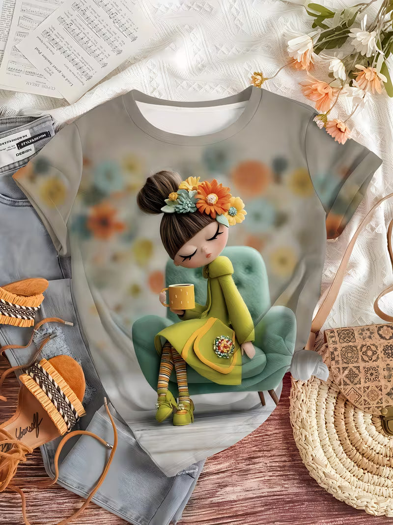 Stylish Women'S Print Design, a Chic And Comfy Casual Top, a Refined Round Neck T-Shirt