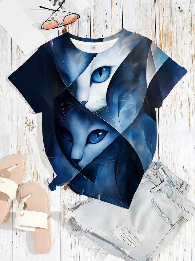 Women's Gradient Blue Cat T-Shirt - Kitten Illustration Cold Elegant Style Opaque Top