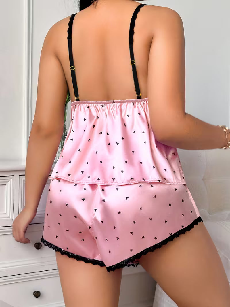 Women'S All-Season Lace Patchwork Elegant Heart Floral Print Diamond Multi-Tier Bow V-Neck Lace Shoulder Strap Camisole Top And Shorts