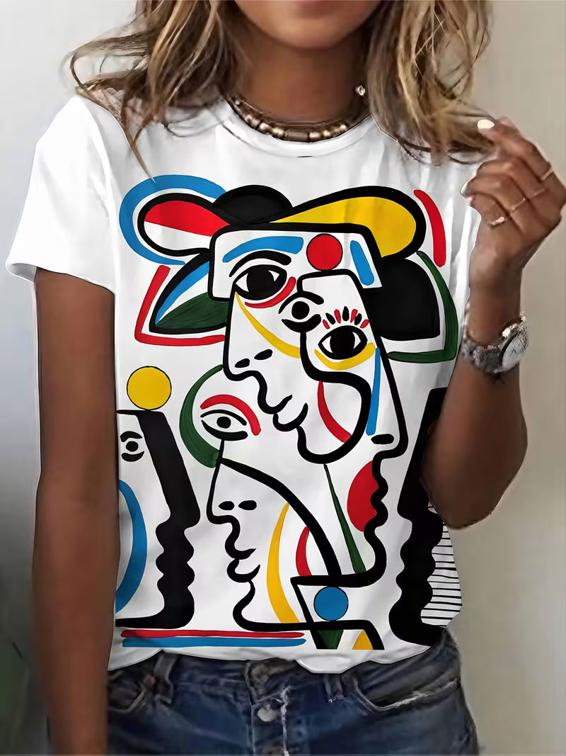 Women's Abstract Art Print T-Shirt – Stylish Round Neck, Short Sleeve