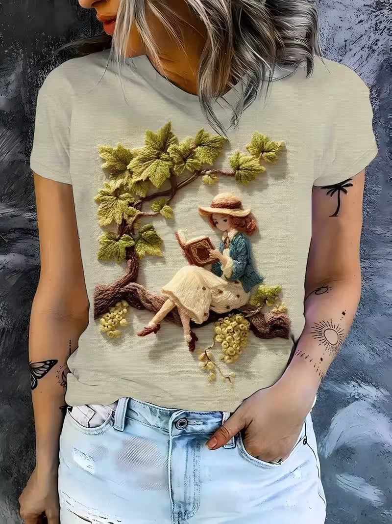 Grapevine Embroidery T-Shirt | Elegant Round Neck, Women's Fashion Top