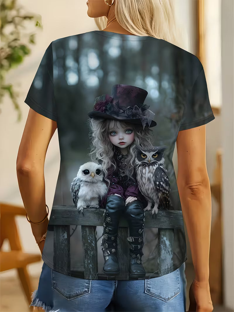 A Stylish T-Shirt for Women Featuring a Forest-Themed Design with a And an Owl Pattern