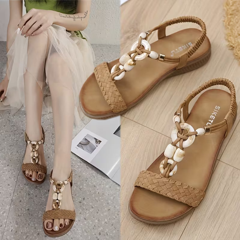 Women's Bohemian Beaded Ankle Strap Sandals Khakhi