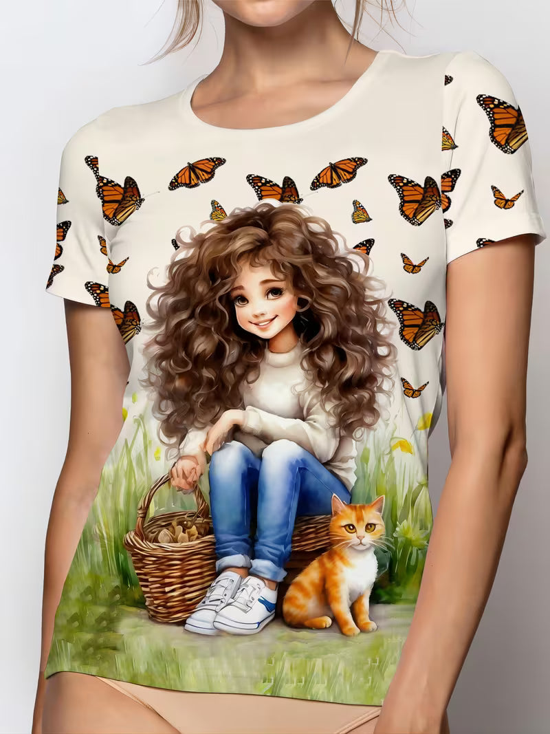 Women'S Casual "Wilderness with Butterflies" Graphic T-Shirt