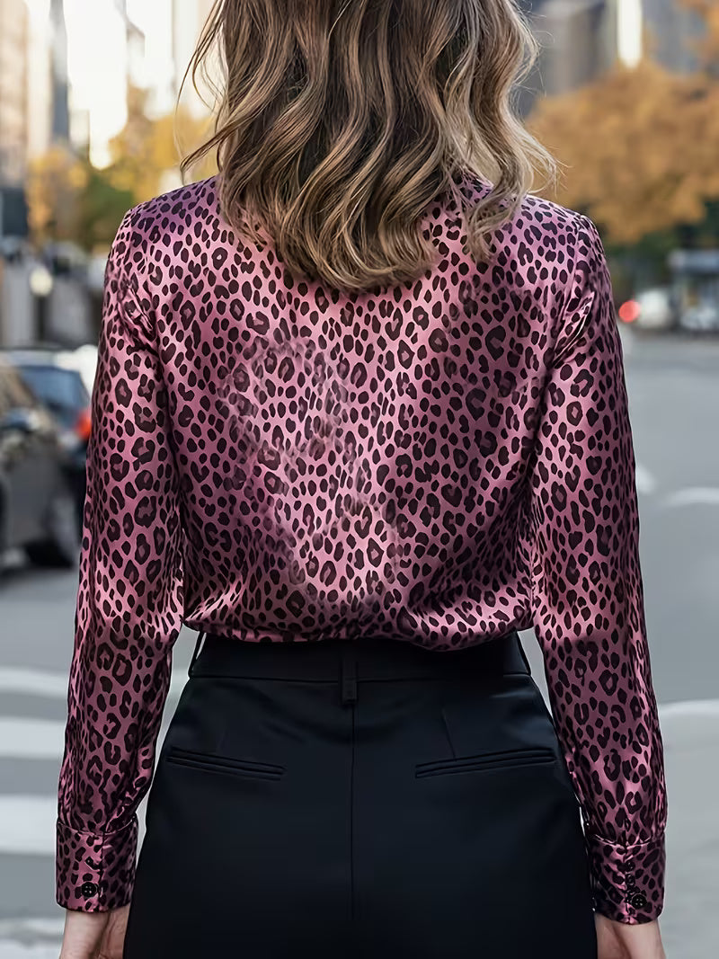 A Stylish Solid Color Satin Shirt Leopard Print pink