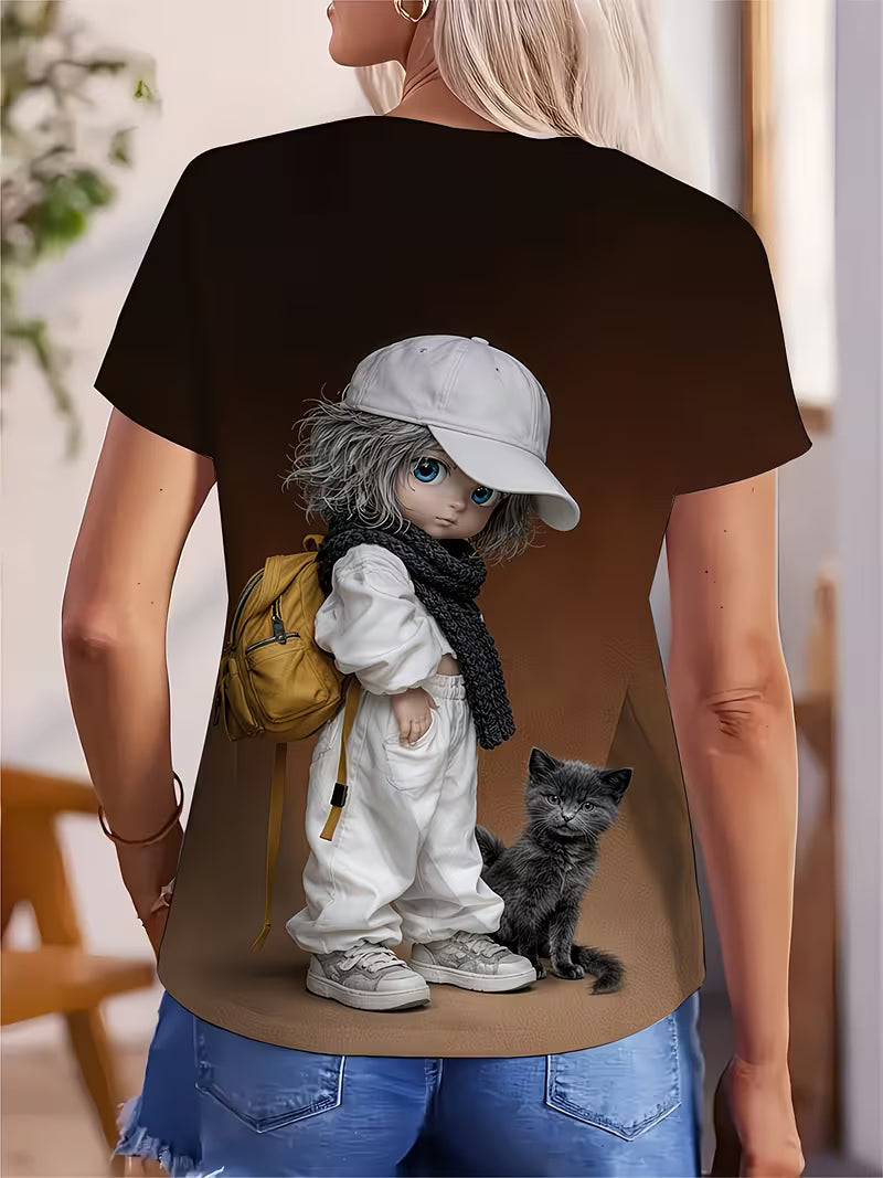 omen's Vintage 3D Kitten & Black Cat Print T-Shirt - Cute Chiba Kitten & Kitten Face Short Sleeve
