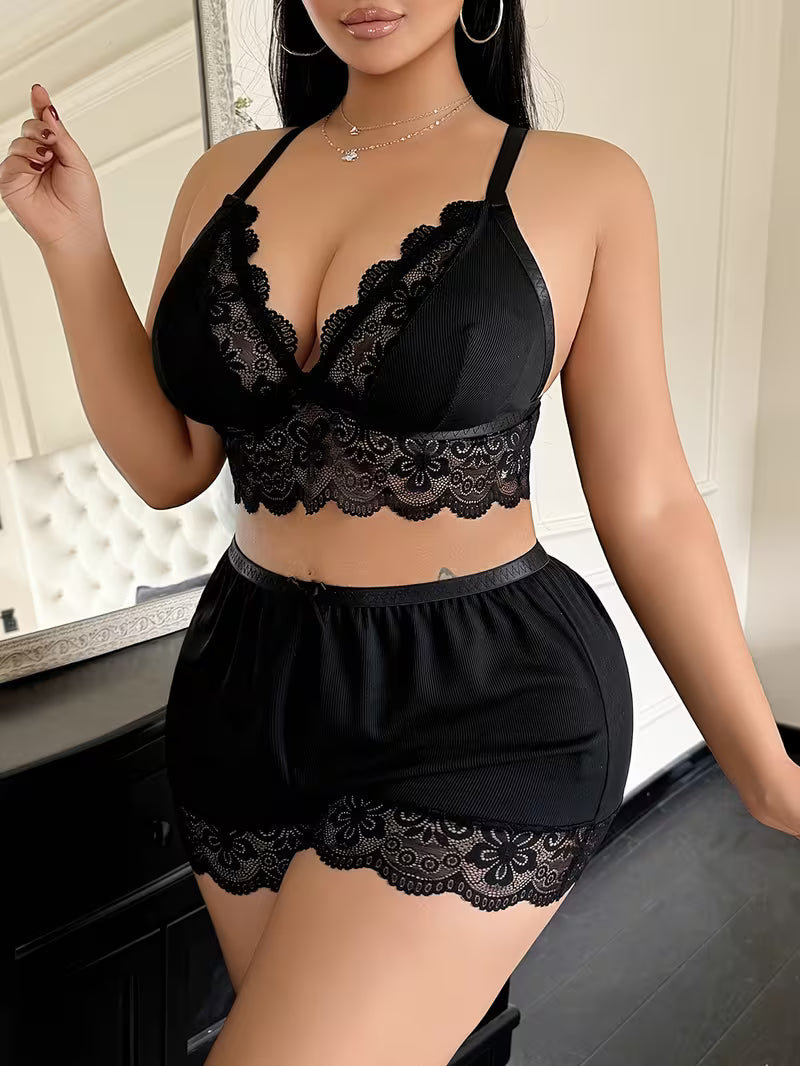 Sexy Lace Camisole Nightgown with Lace Trim, Floral Lace Long-Sleeve Mesh 3pcs Set with Suspender Shorts Black