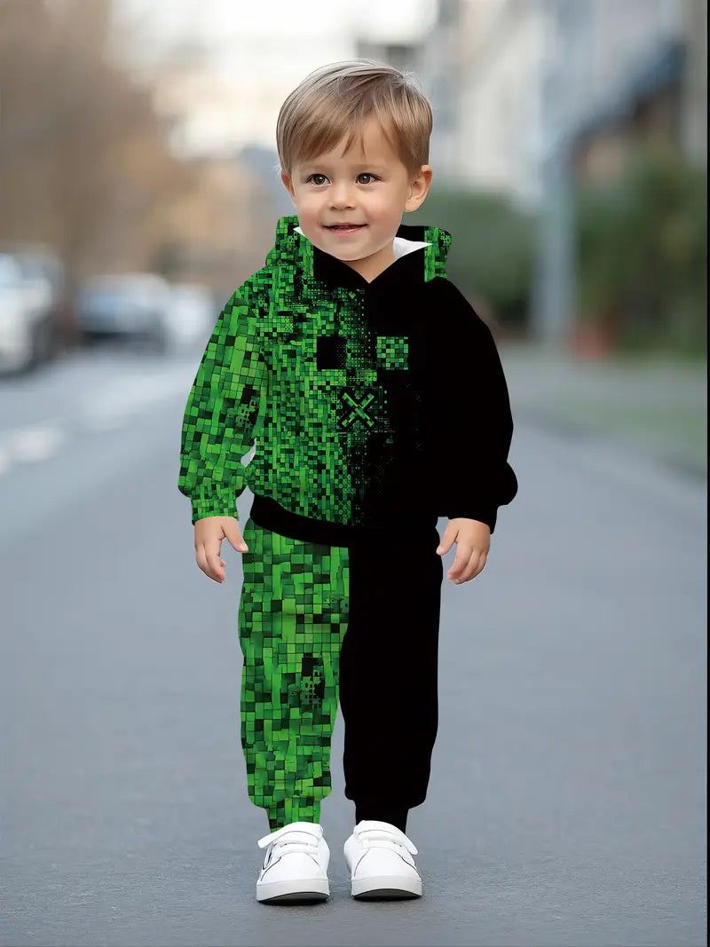 Baby Boys & Girls Hoodie Set Green & Black Pixelated
