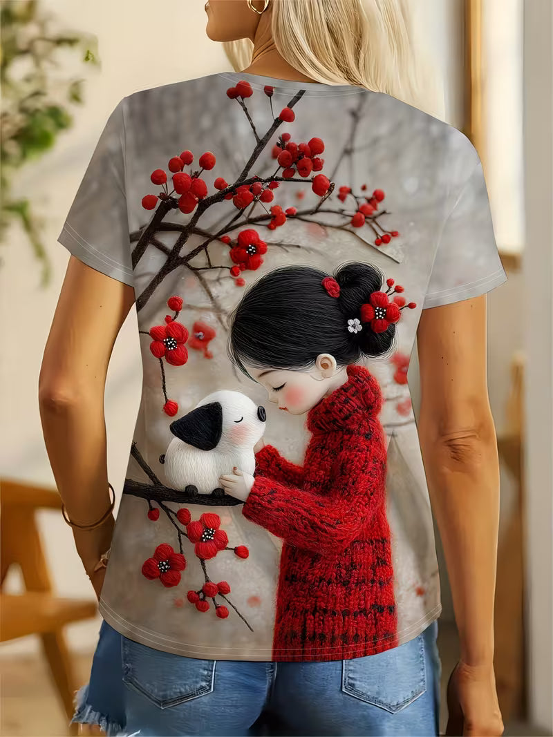Women's Japanese Anime Cherry Blossom & Cute Dog Print T-Shirt