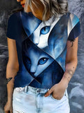 Women's Gradient Blue Cat T-Shirt - Kitten Illustration Cold Elegant Style Opaque Top