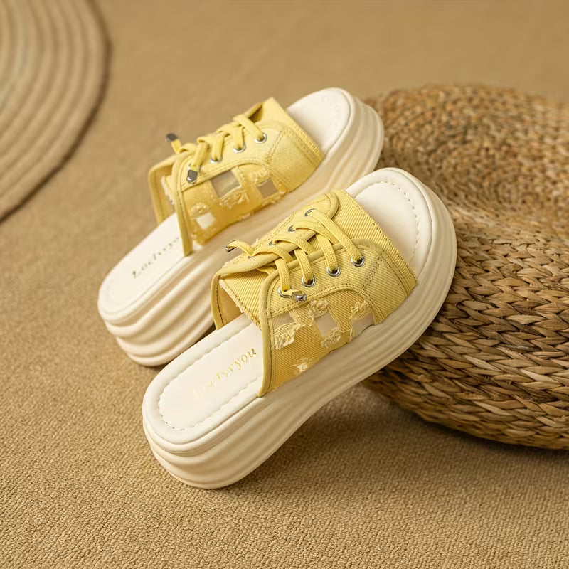 Ladies' White Platform Sandals with a Lace-Up Design And Geometric Pattern Embellishments, Featuring a Casual And Trendy Style Yellow