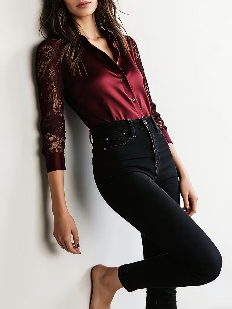 A Stylish Solid Color Satin Shirt Red jali