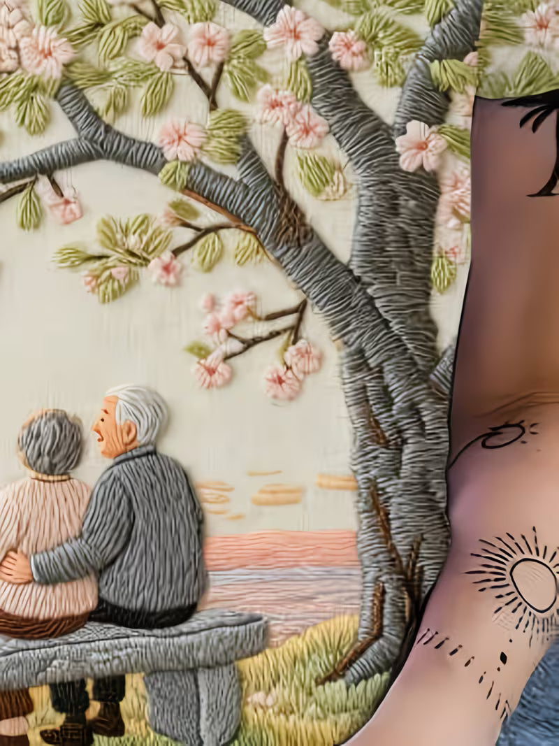 Cherry Blossom Tree and Couple on Beach Bench | Crew Neck, Short Sleeve T-Shirt