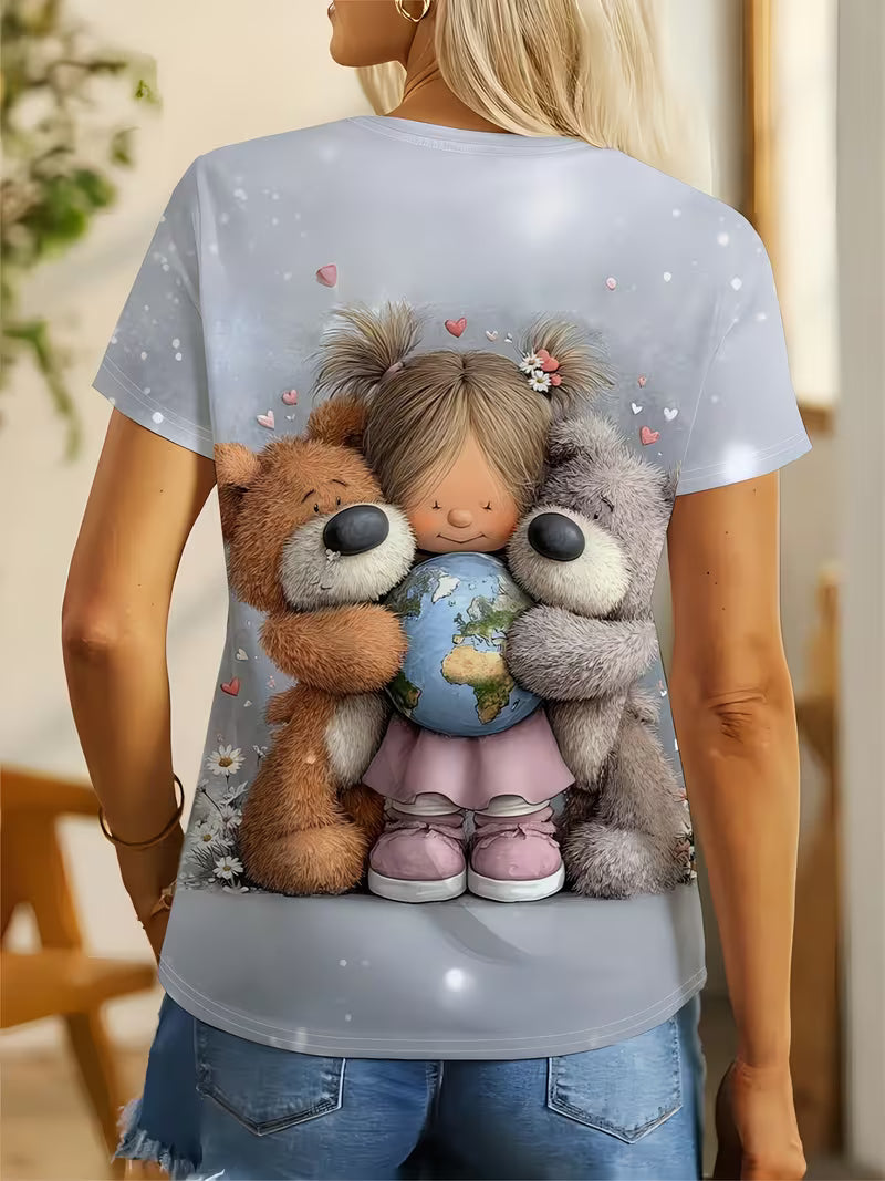 Cute and Teddy Bear Hugging Earth Printed T-shirt