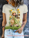 Women'S Milk White Short Sleeve T-Shirt | Spring Pastoral Grass Hat Print, Yellow-Green Fresh Daily Casual Top