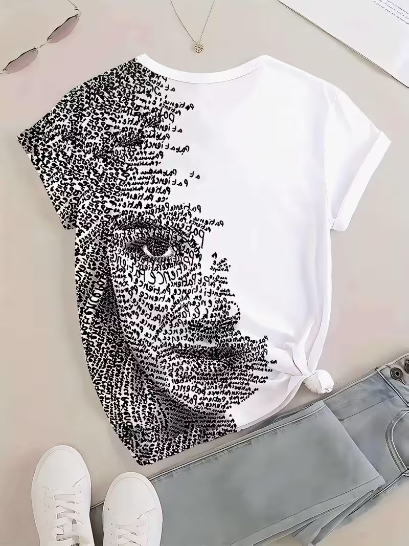 Women's Patience Letter Art Portrait T-Shirt - Abstract '' & 'T' Letter Round Neck Short Sleeve