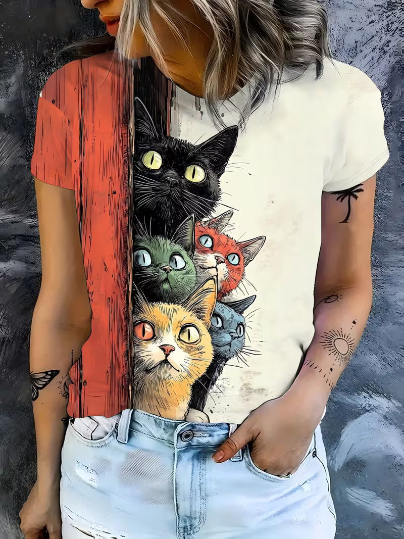 Color-Blocked Patchwork T-Shirt Featuring a Multi-Colored Cute Cat Print for Women