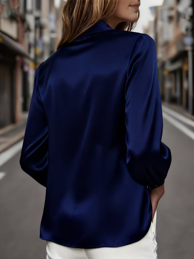 A Stylish Solid Color Satin Shirt Blue Navy