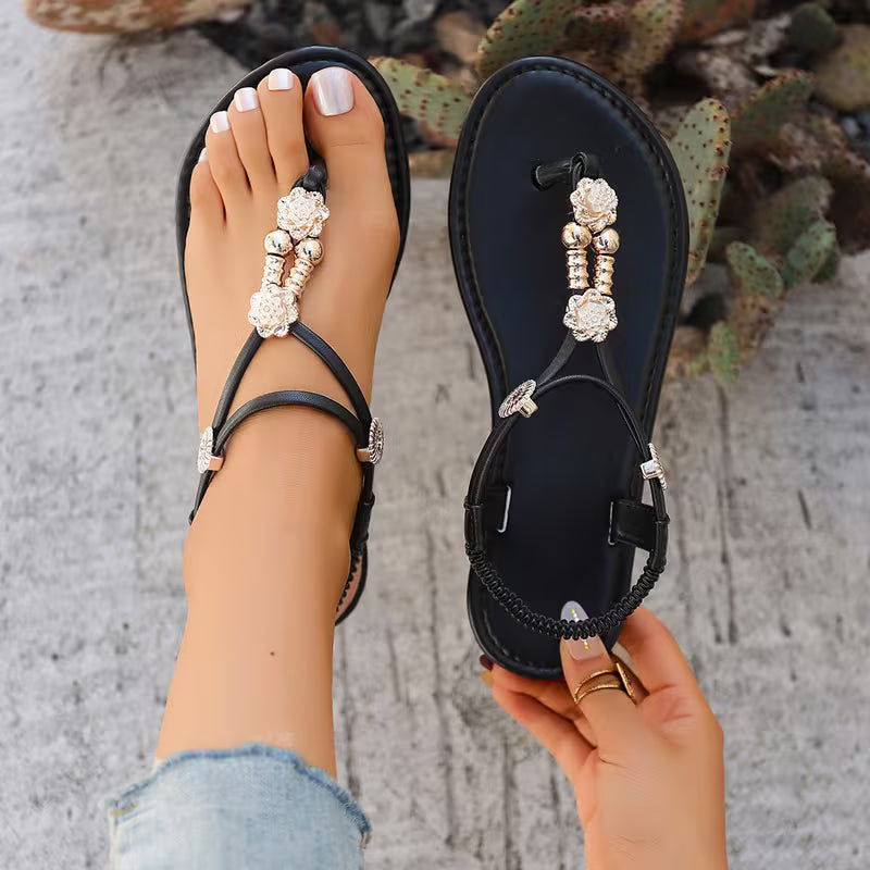 Women's Flat Sandals, Fashionable PU Soft-soled Bohemian Style Comfortable Casual Black