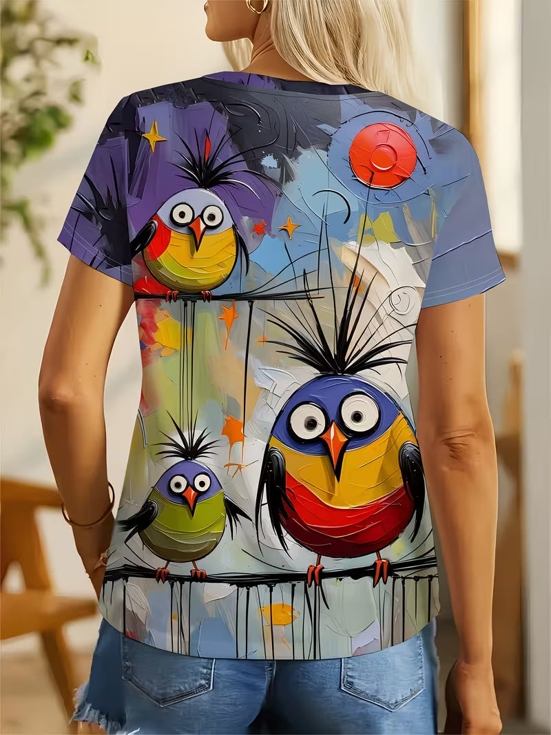 Round-Neck Short-Sleeve T-Shirt with a Quirky Colorful Bird Print, a Stylish And Versatile Piece for Women'S Casual Sportswear