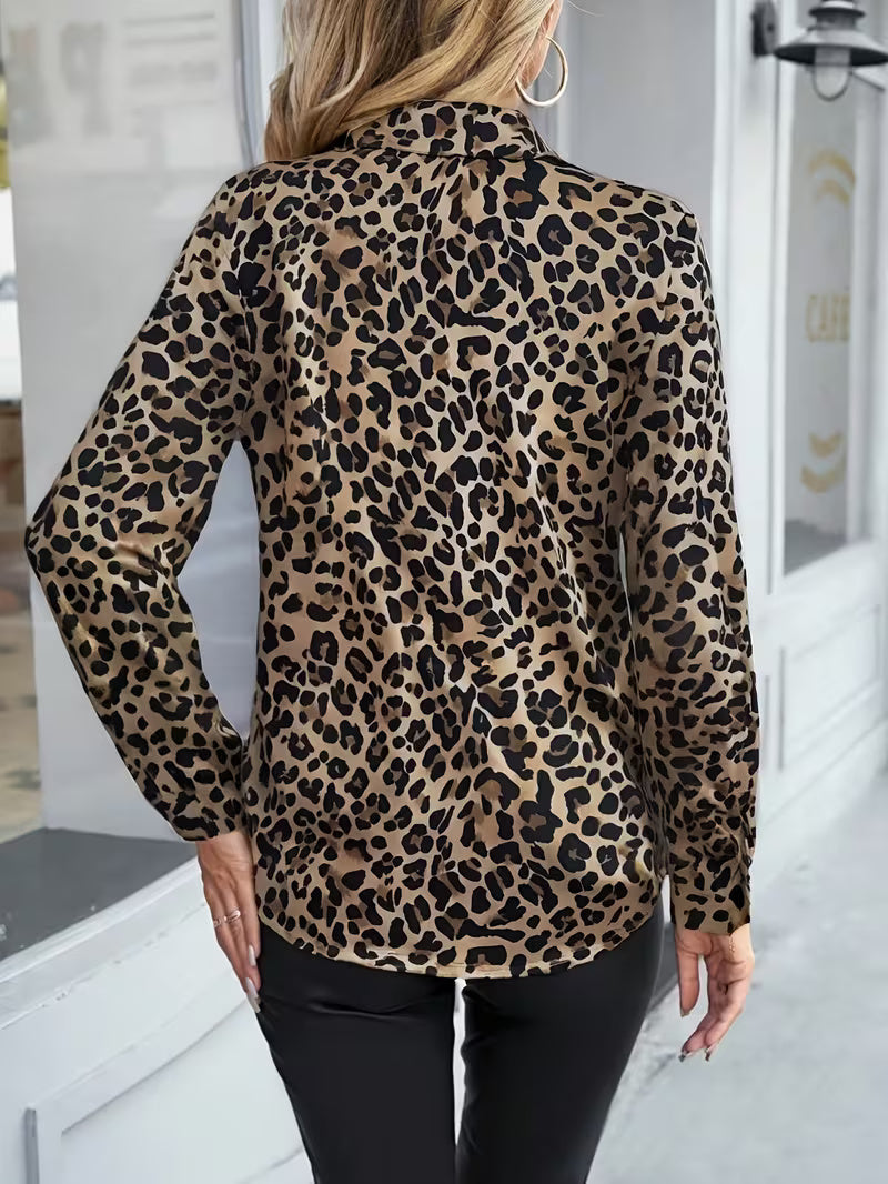 A Stylish Solid Color Satin Shirt Leopard Print Brown