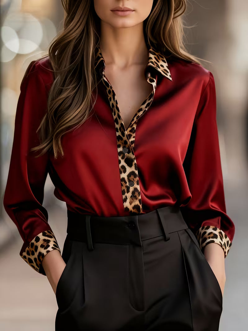 A Stylish Solid Color Satin Shirt Leopard crimson