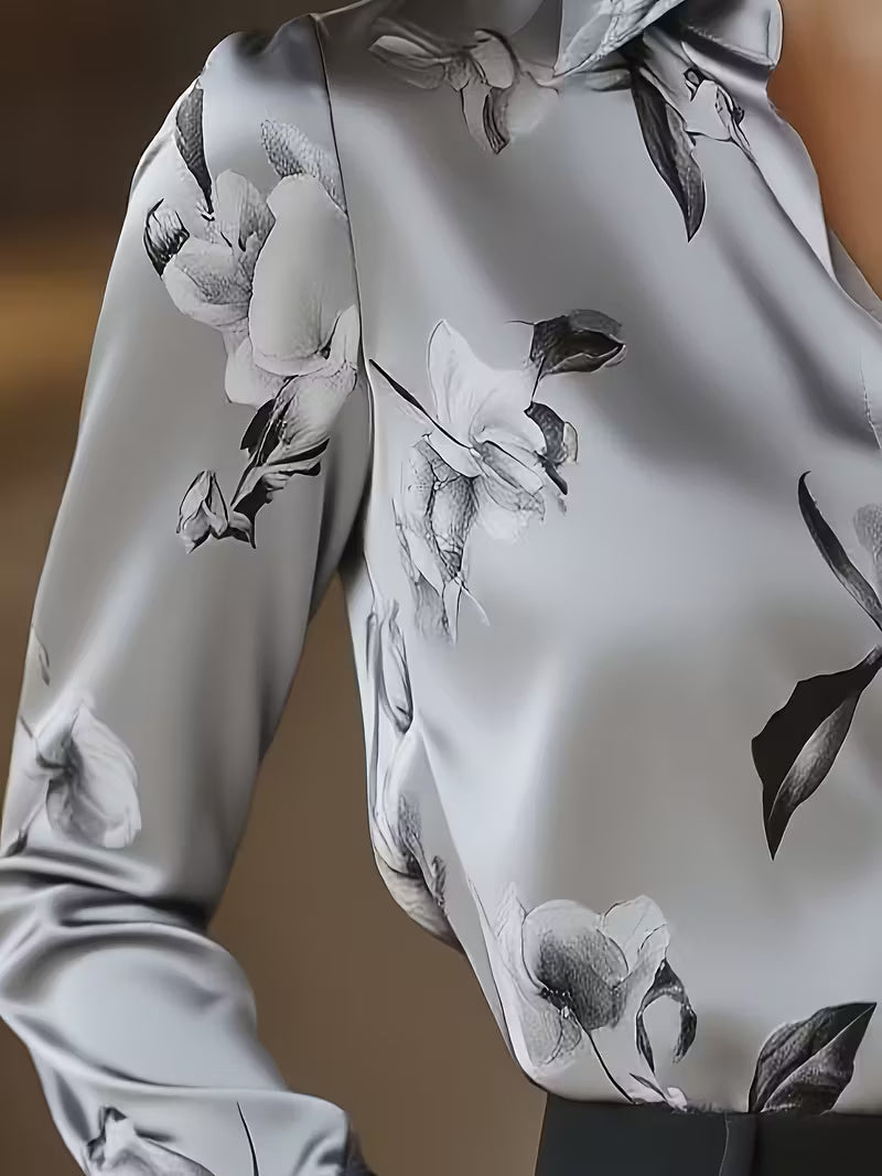 A Stylish Solid Color Satin Shirt Printed Silvery Grey