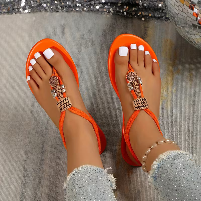 New Summer Flat Sandals for Women with Ethnic Style And Toe Post Design Orange