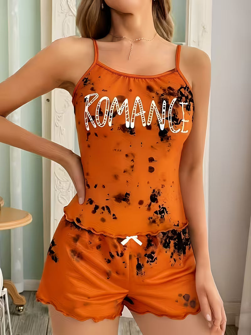 Women's Vintage Orange "ROMANCE" Letter Print Cami Shorts Pajama Set