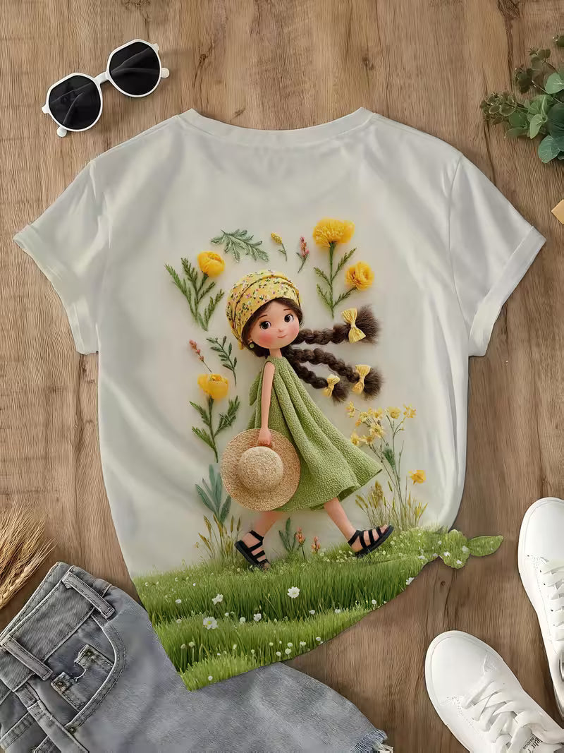 Women'S Milk White Short Sleeve T-Shirt | Spring Pastoral Grass Hat Print, Yellow-Green Fresh Daily Casual Top